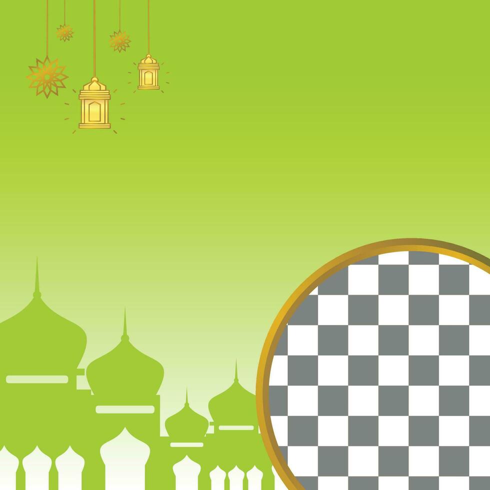 Islamic sale poster template with free space for text and photo. with ornaments of lanterns and mosques. Design for banner, social media and web. Vector illustration