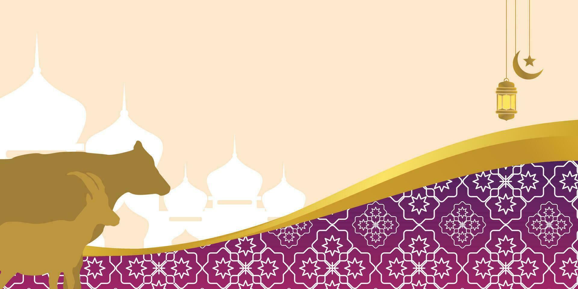 Islamic background for Eid al-Adha, with mosque, mandala, cow and goat icons. Banner template with empty space for text. qurban day vector illustration