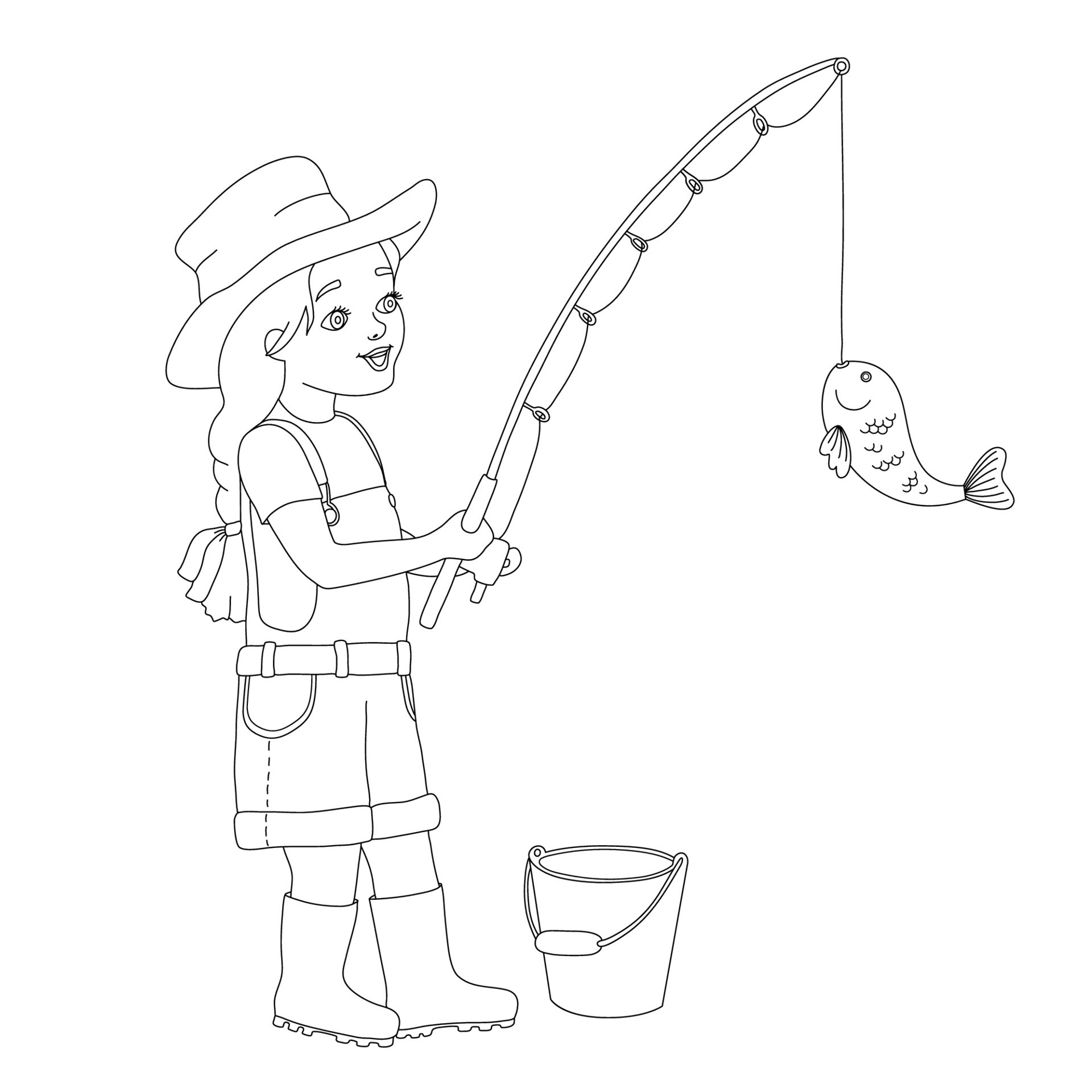 Little girl fishing. Full length of smiling girl holding fishing rod with  fish on hook. Vector outline illustration isolated on white background.  24230620 Vector Art at Vecteezy