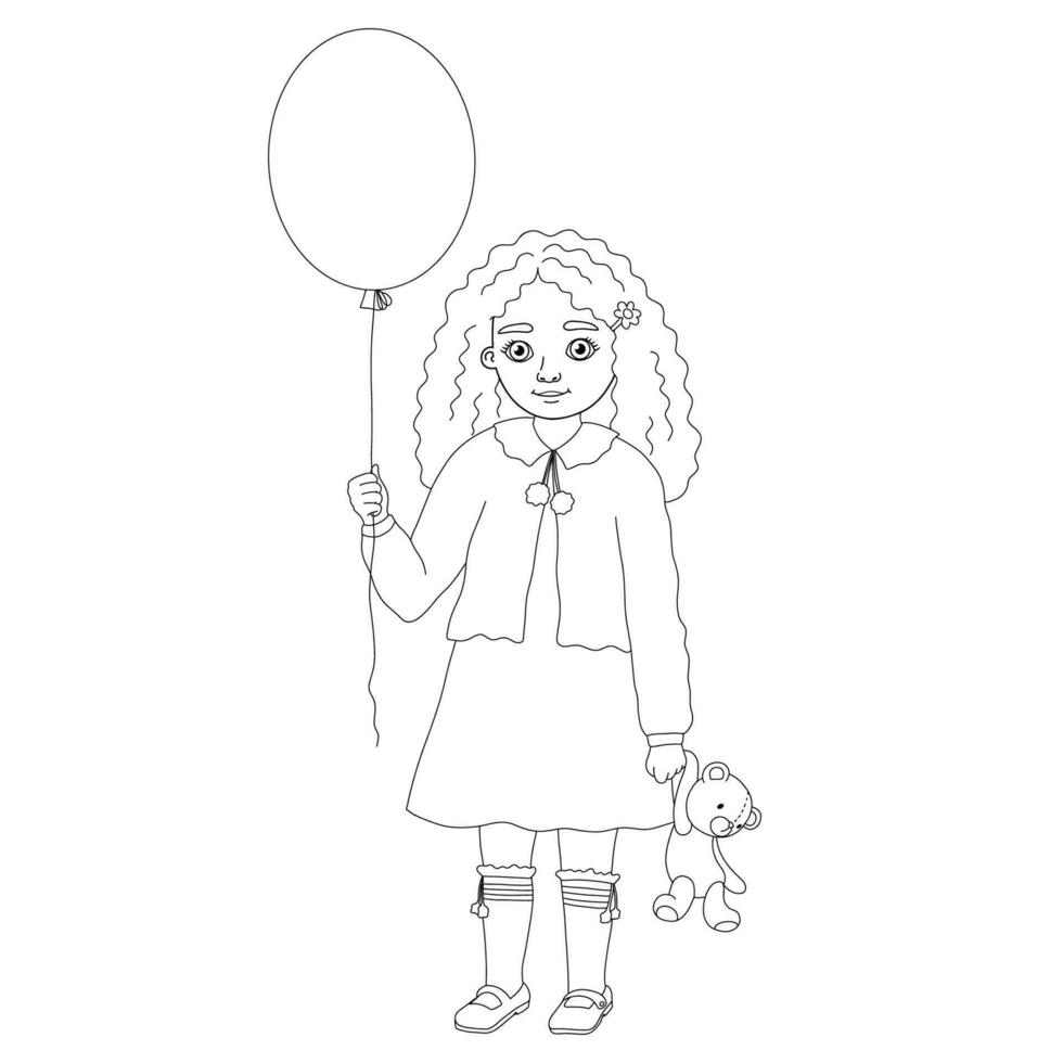 Outline vector illustration girl with balloon and bear toy. Cute kid for isolated on white for coloring book
