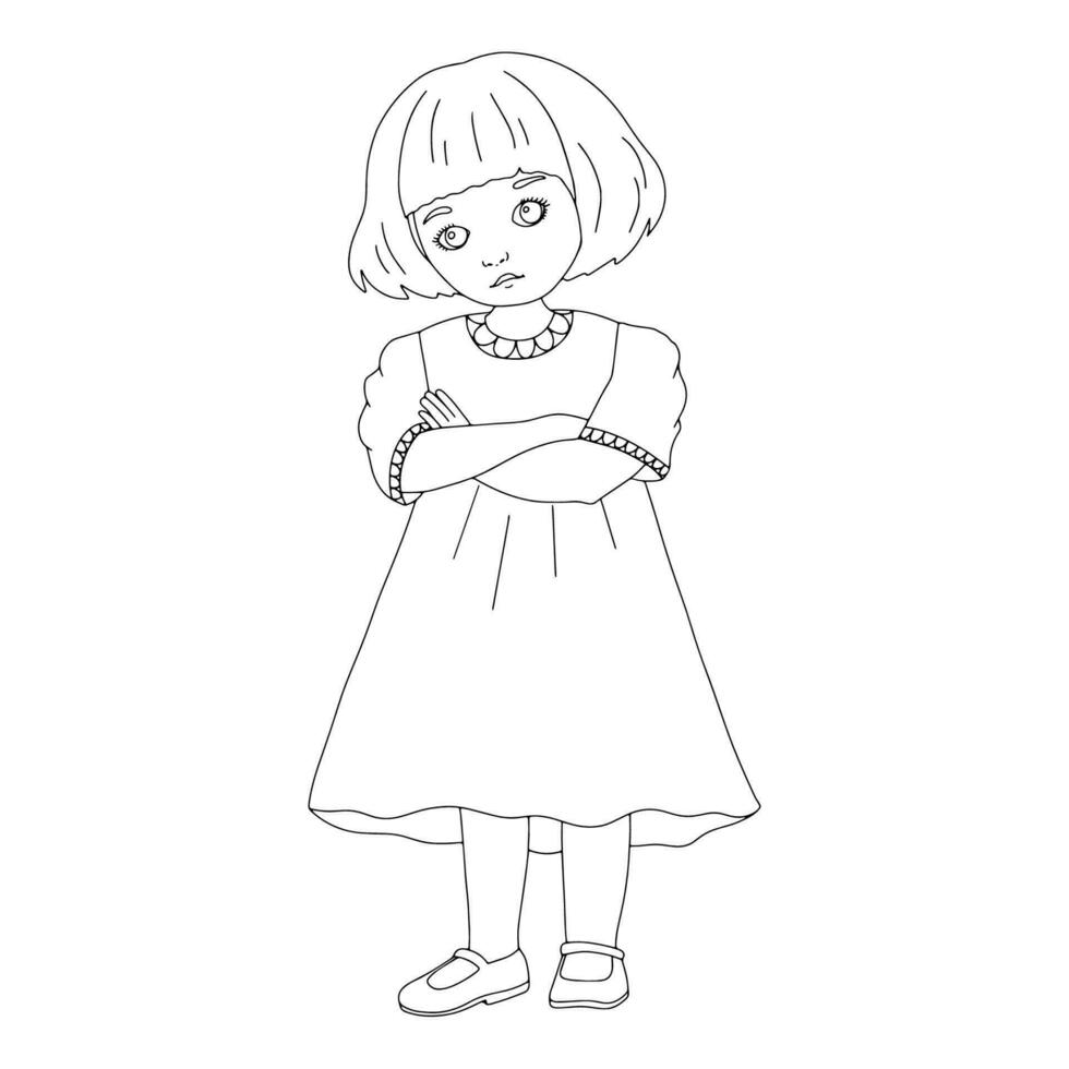 Vector black and white offended girl with crossed arms. Cute outline kid for coloring page isolated on white background