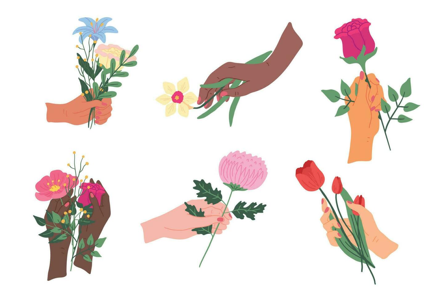 Cartoon Female Hands Holding Color Blooming Set. Vector