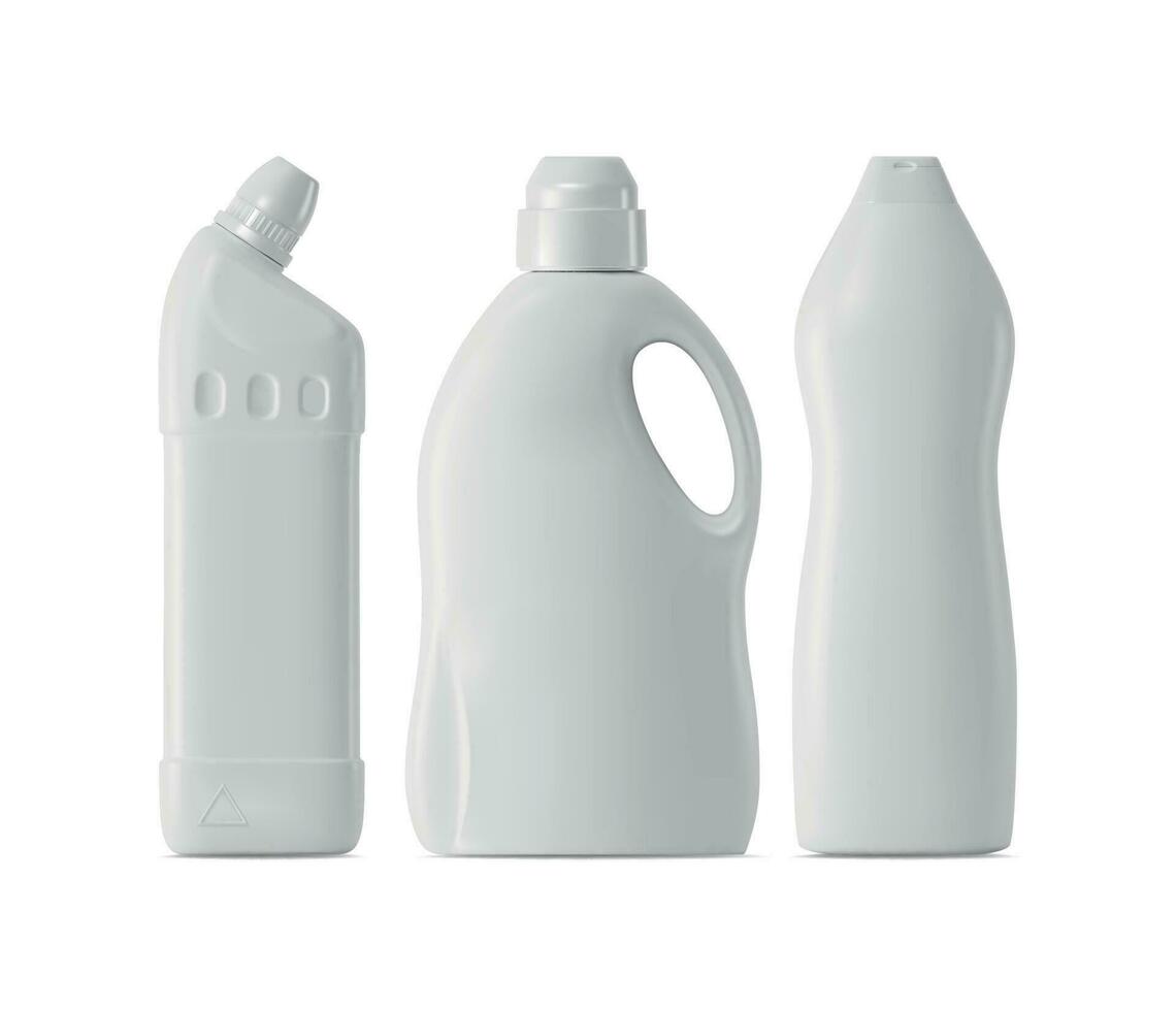 3d el plastico botellas limpieza conjunto dibujos animados estilo. vector