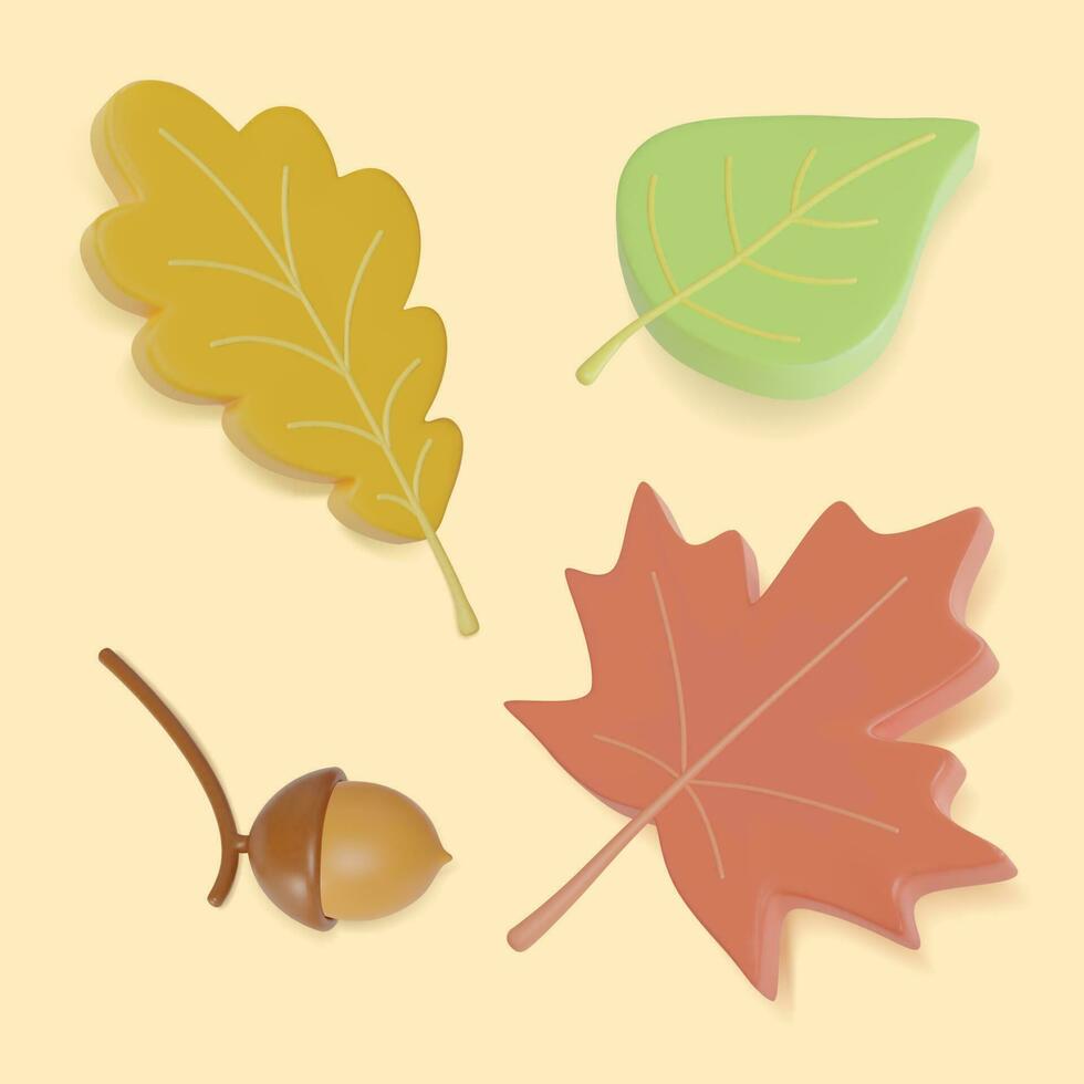 3d estilizado hojas y bellota conjunto dibujos animados estilo. vector