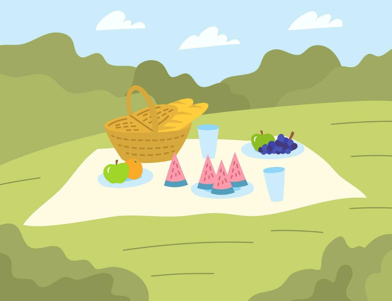 dibujos animados color verano picnic paisaje escena concepto. vector