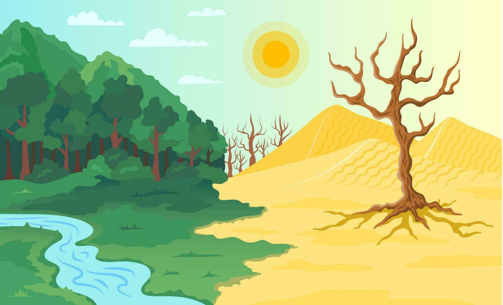 Cartoon Color Climate Change Landscape Scene Concept. Vector