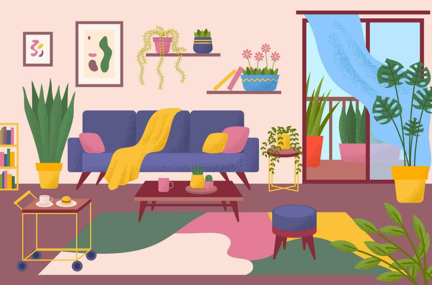 Cartoon Color Modern Living Room Interior Inside Concept. Vector