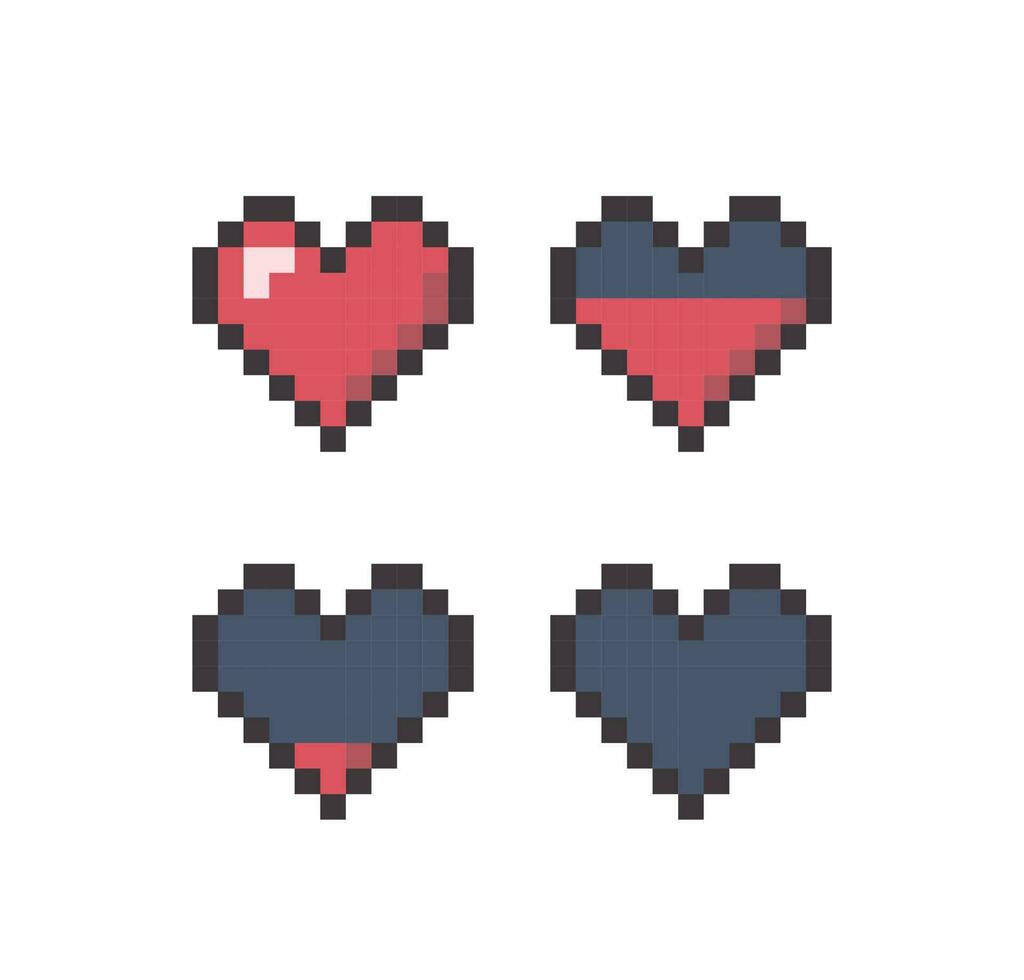 Cartoon Color Pixel Heart Sign Icon Set. Vector