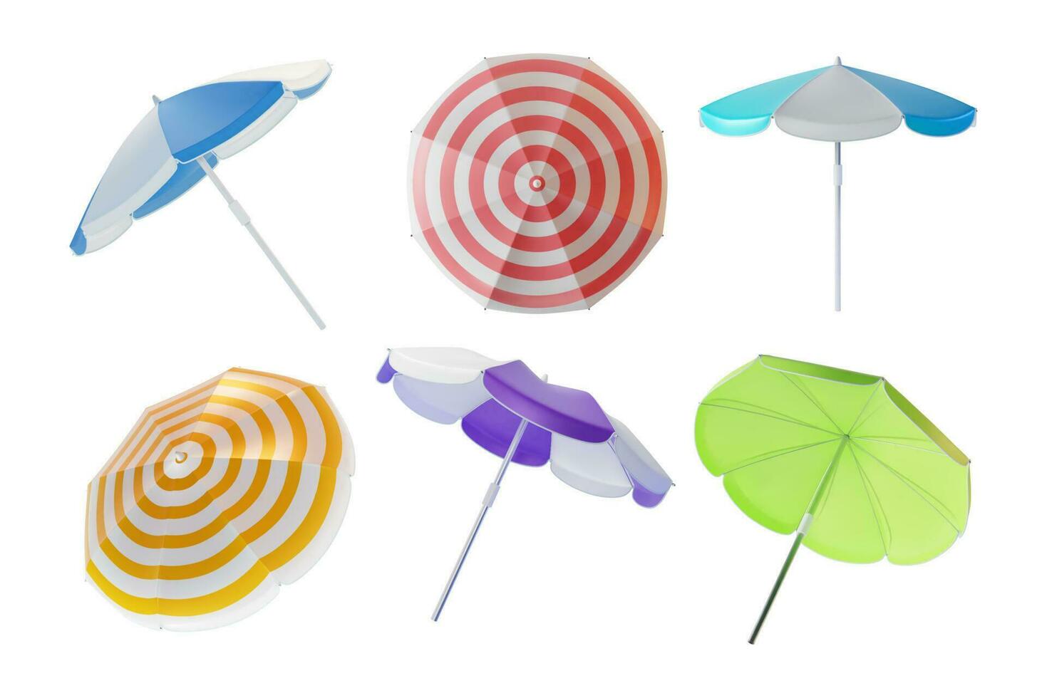 3d Color Beach Umbrella Set Cartoon Style. Vector