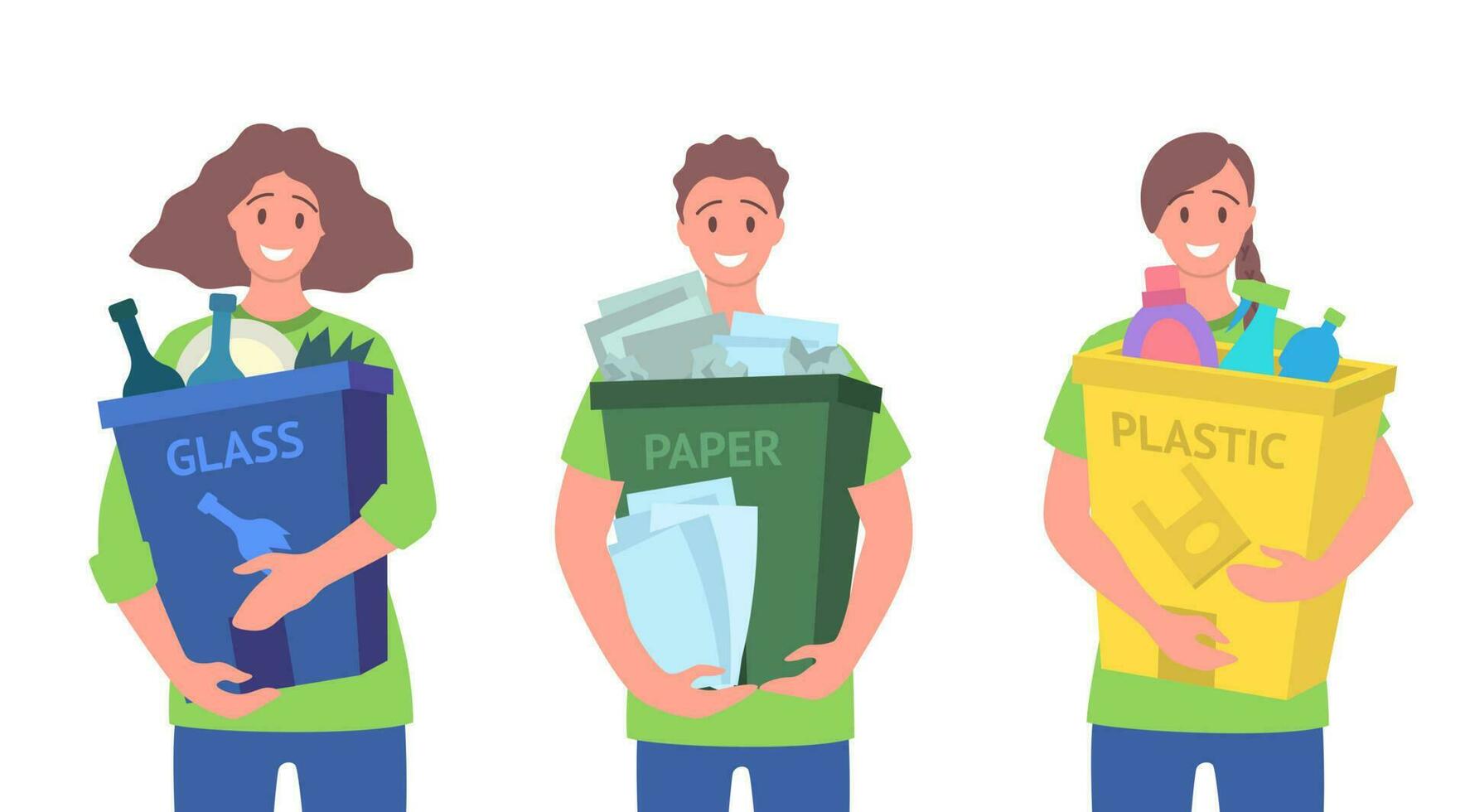 Cartoon Color Characters People Holding Trash Bins Concept. Vector