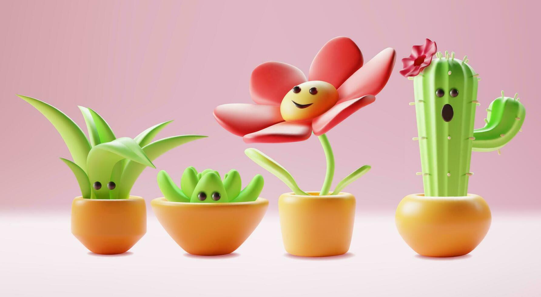 3d Character Mascot Houseplant Set Plasticine Cartoon Style. Vector