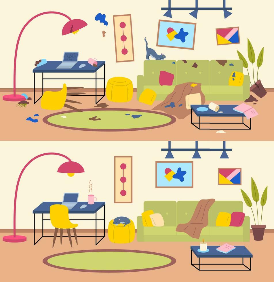 dibujos animados limpiar y sucio manchado hogar vivo habitación concepto. vector