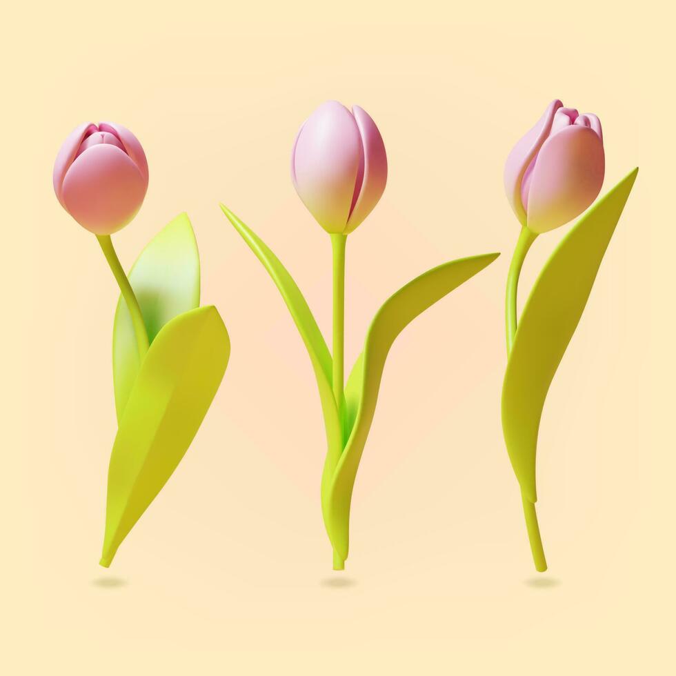 3d Tulips Flowers Set Plasticine Cartoon Style. Vector