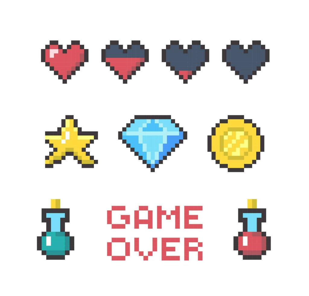 Cartoon Color Pixel Game UI Button Icon Set . Vector