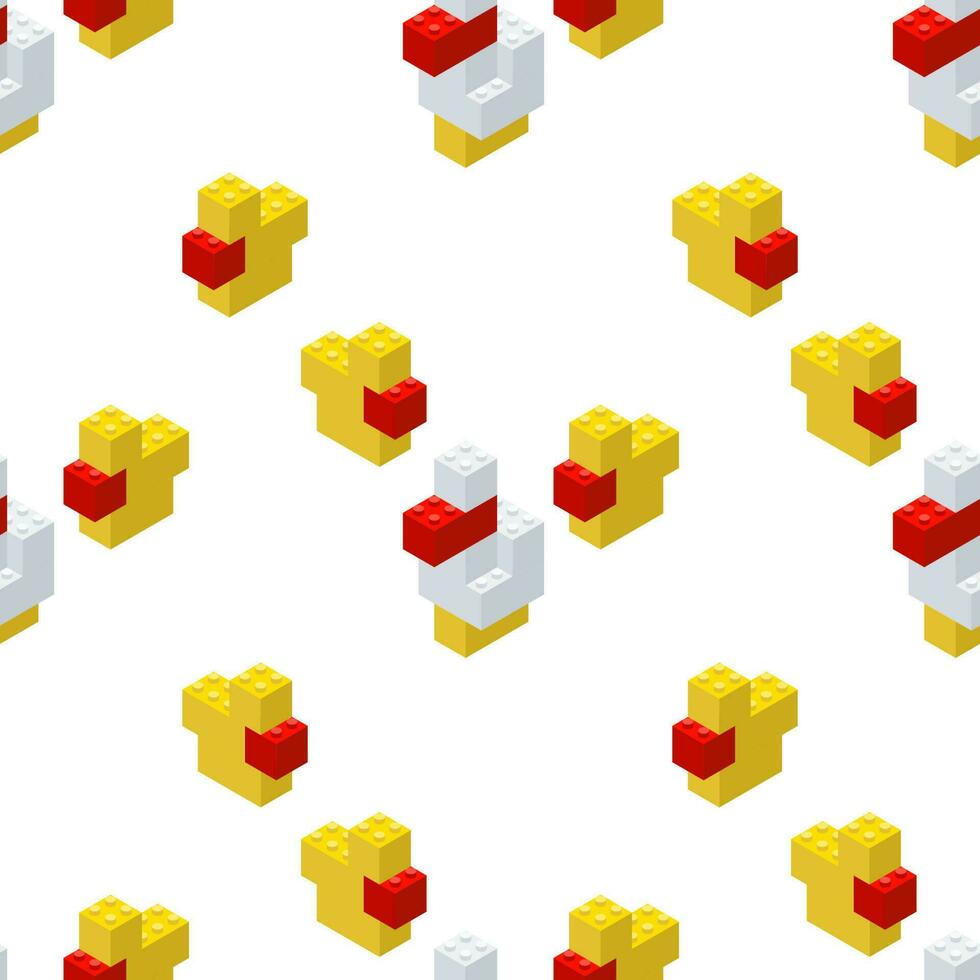 Duck family pattern assembled from plastic blocks in isometric style for printing and decoration. Vector illustration.