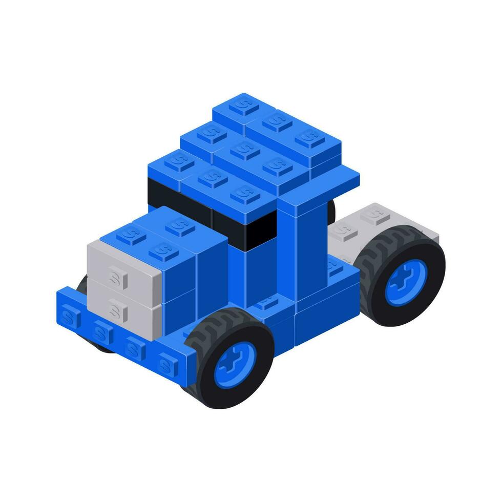 Blue tractor assembled from plastic blocks in isometric style for print and design. Vector illustration.