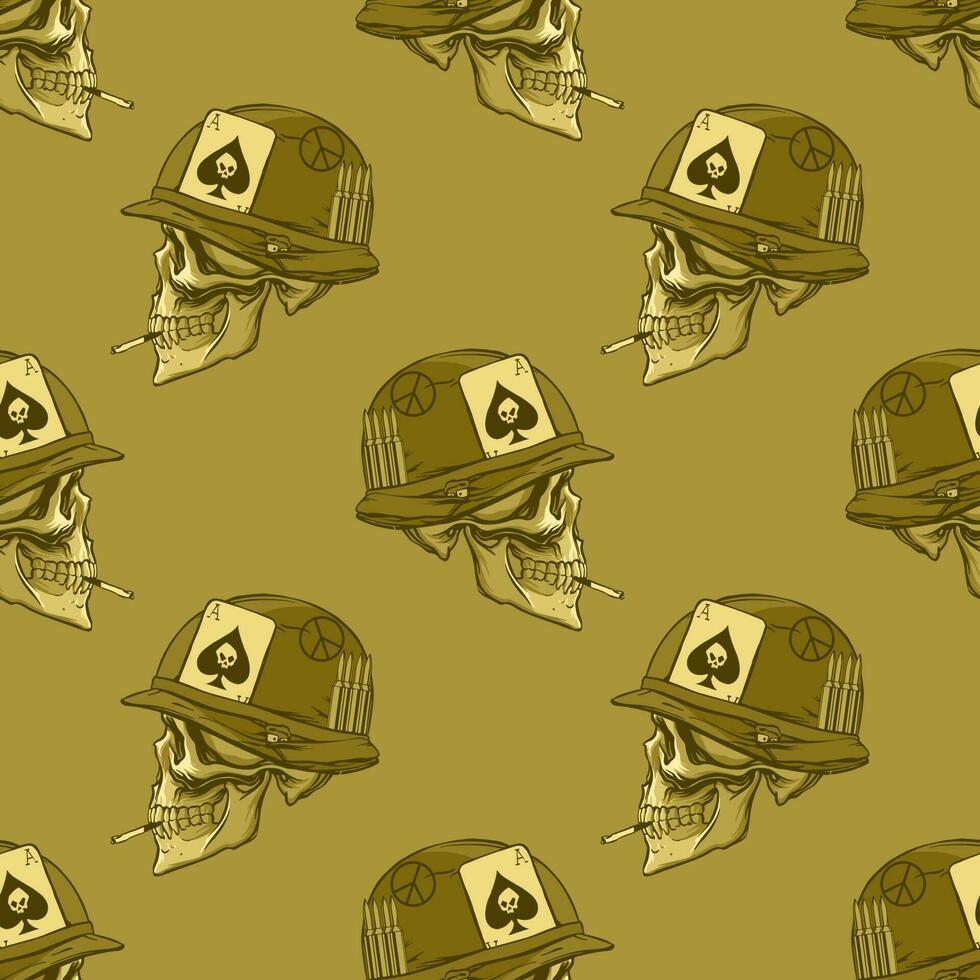 Military monochrome pattern with helmeted skull in hand drow style for print and design. Vector illustration.