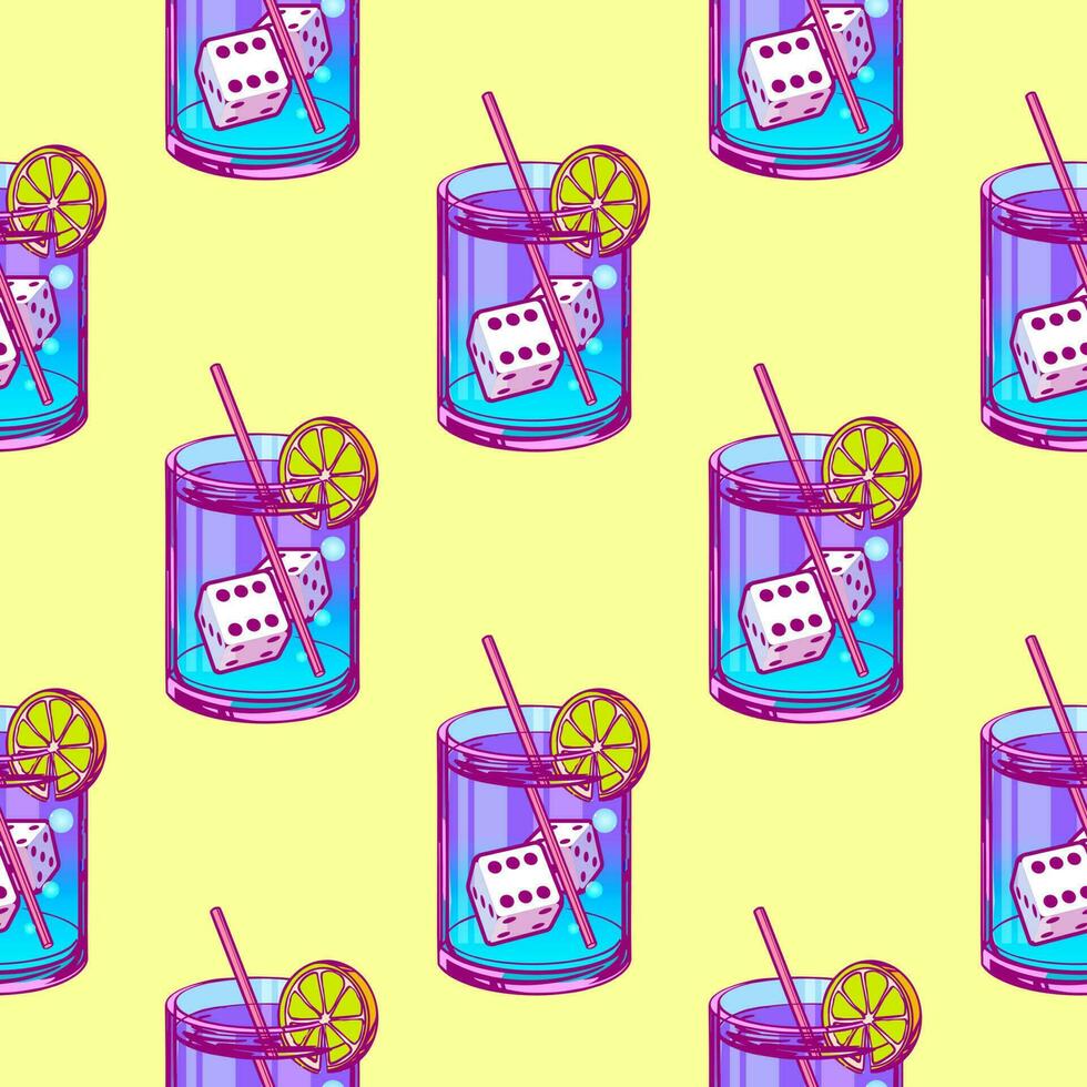 Bright pattern with cocktail and dice in pop art style for print and design. Vector illustration.