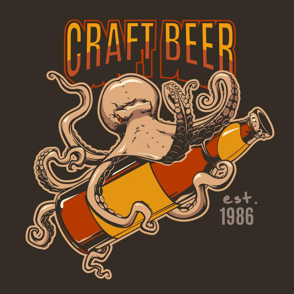 Banner with octopus and craft beer in hand drawn style for print and design.Vector illustration. vector