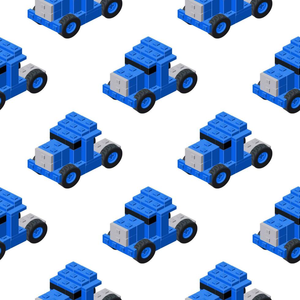 Bright pattern of blue tractors assembled from plastic blocks in isometric style for print and design. Vector illustration.