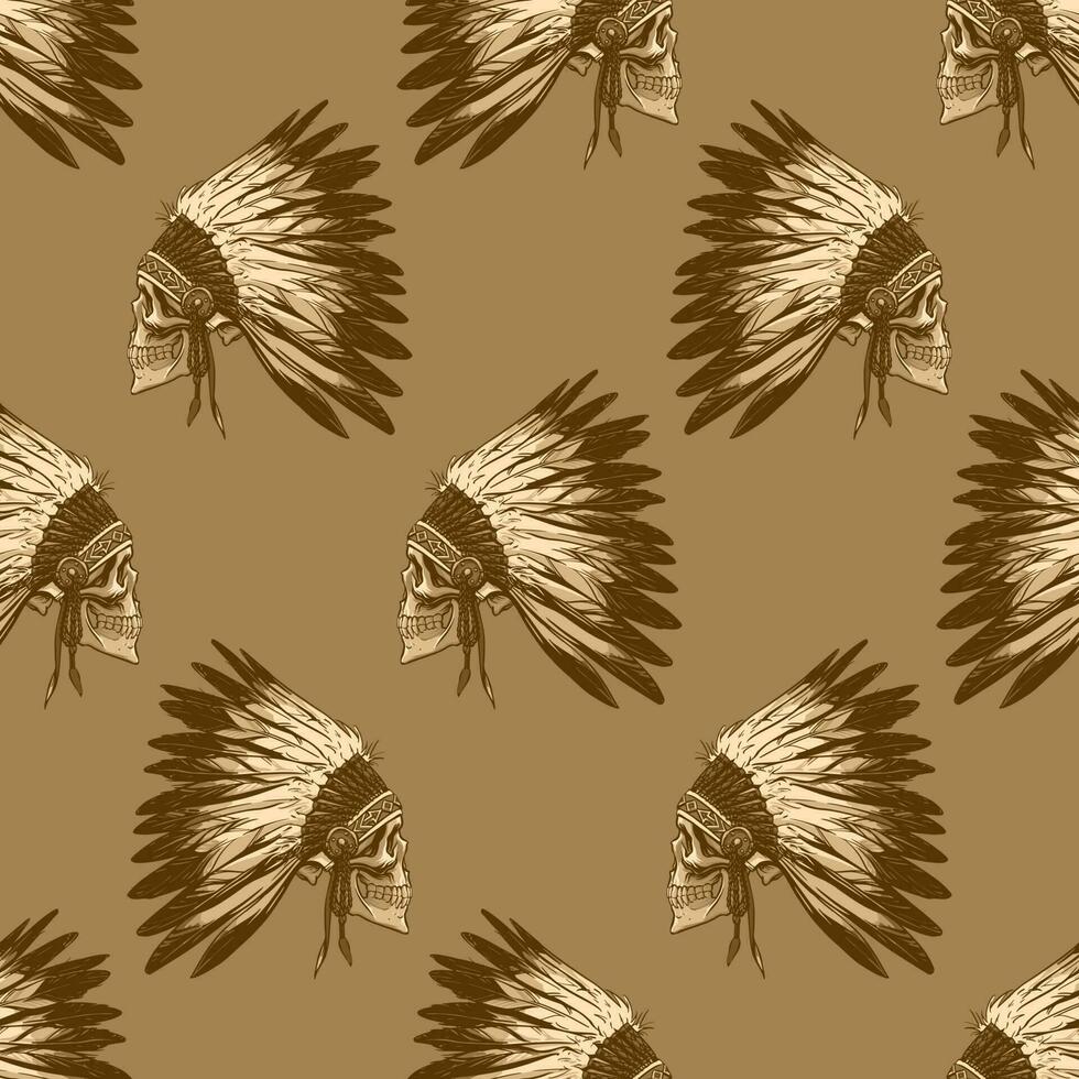 Monochrome skull pattern with indian chief headdress in hand draw style for print and design. Vector clipart.
