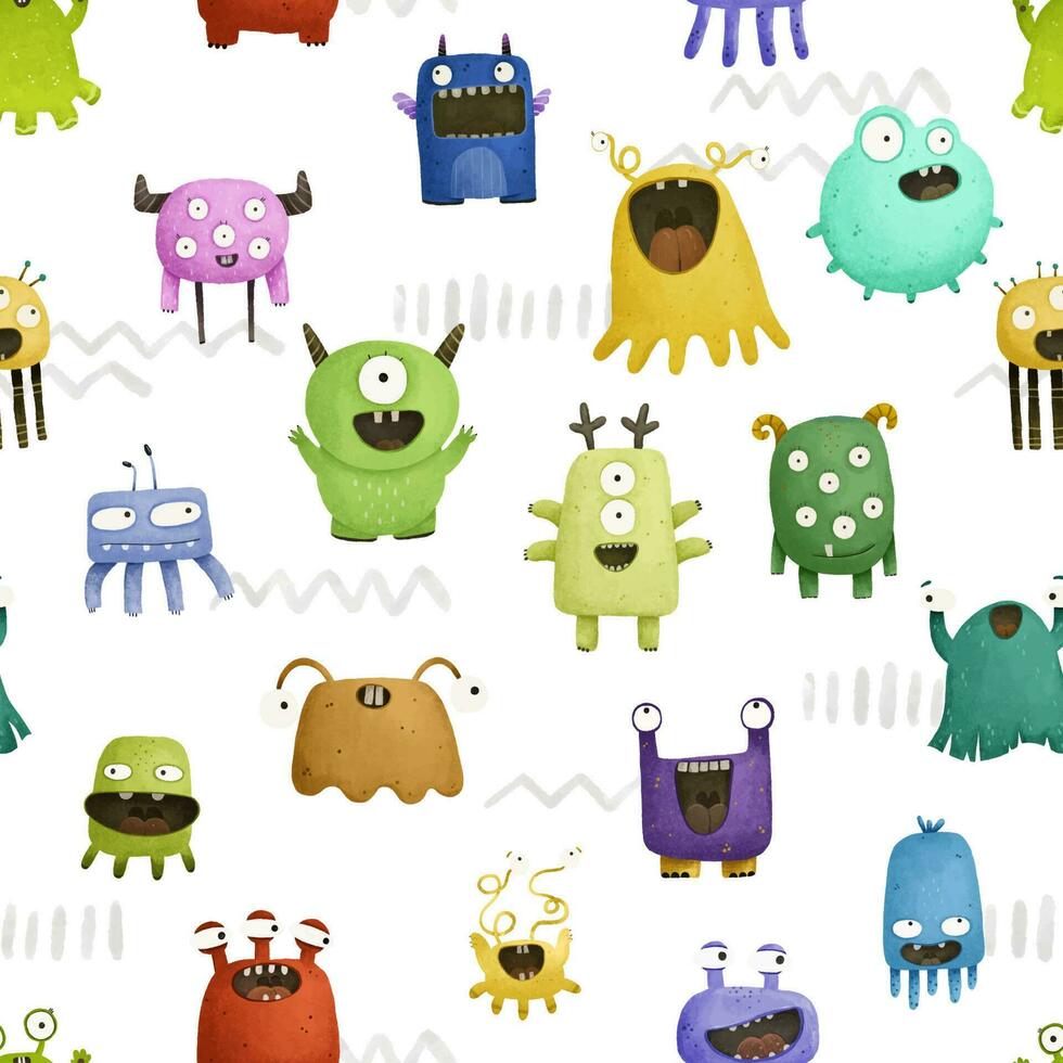 endless pattern with monsters, funny cartoon monsters, mutants, space childish illustration vector