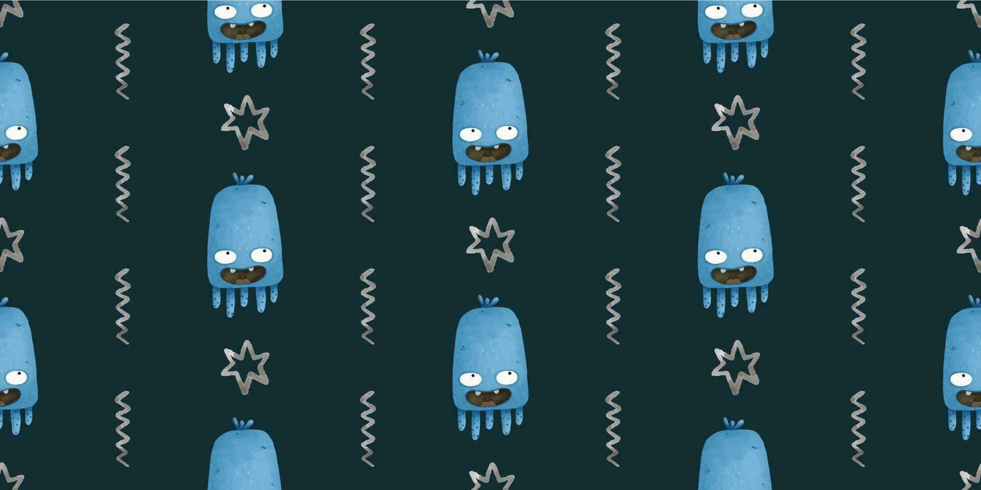 endless pattern with monsters, funny cartoon monsters, mutants, space childish illustration vector