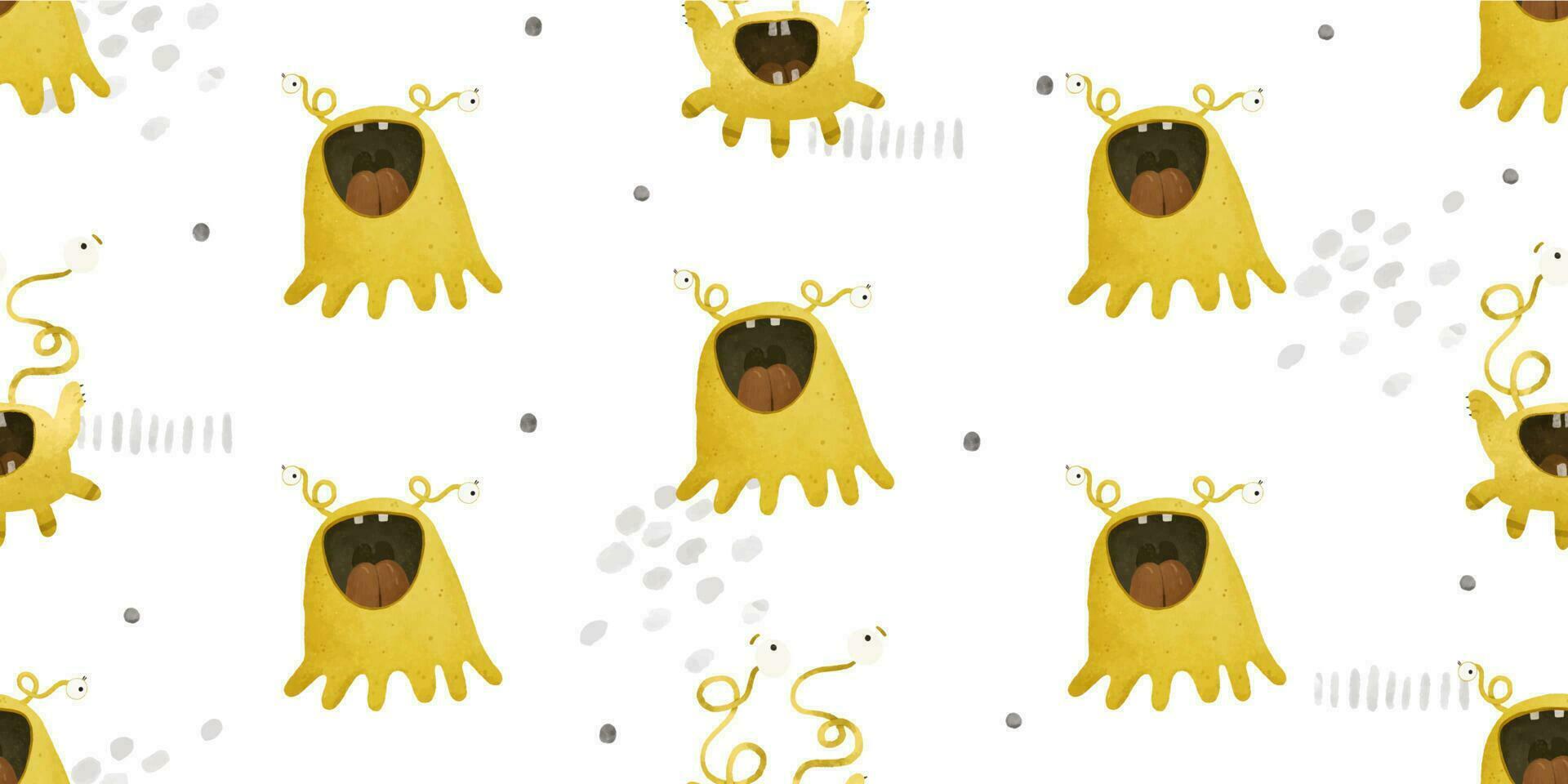 endless pattern with monsters, funny cartoon monsters, mutants, space childish illustration vector