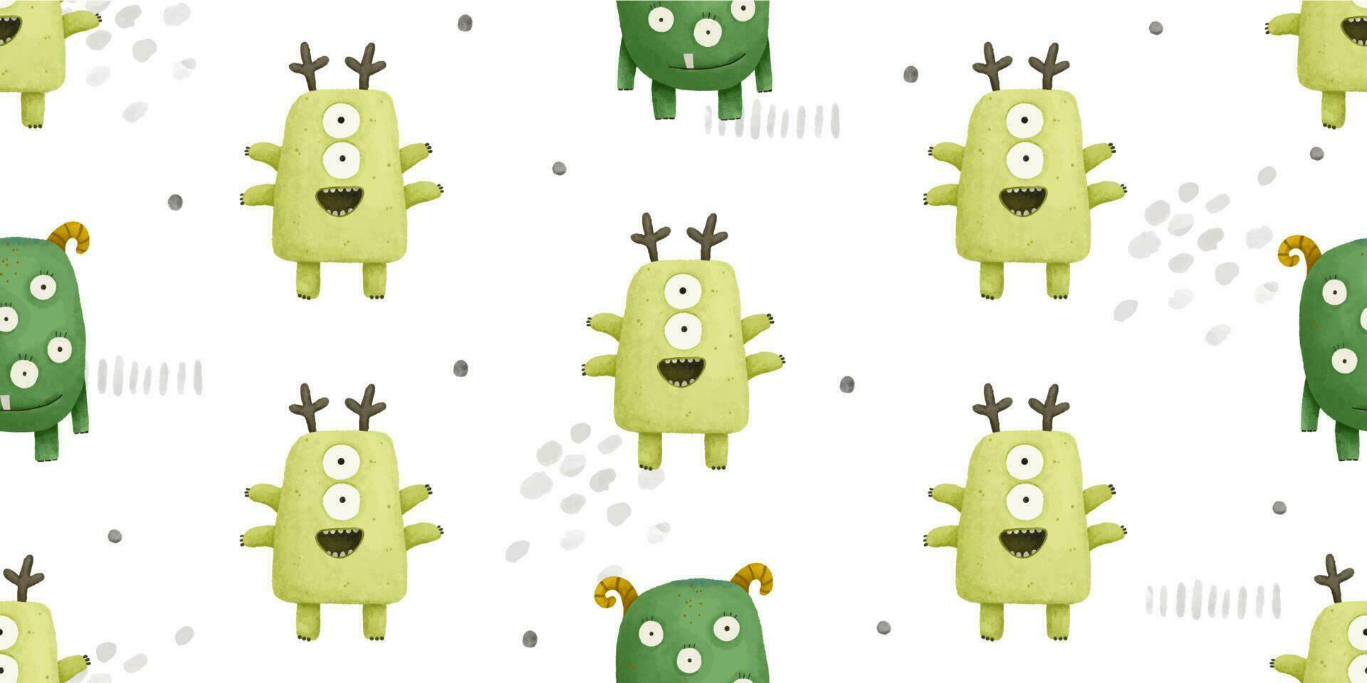 endless pattern with monsters, funny cartoon monsters, mutants, space childish illustration vector