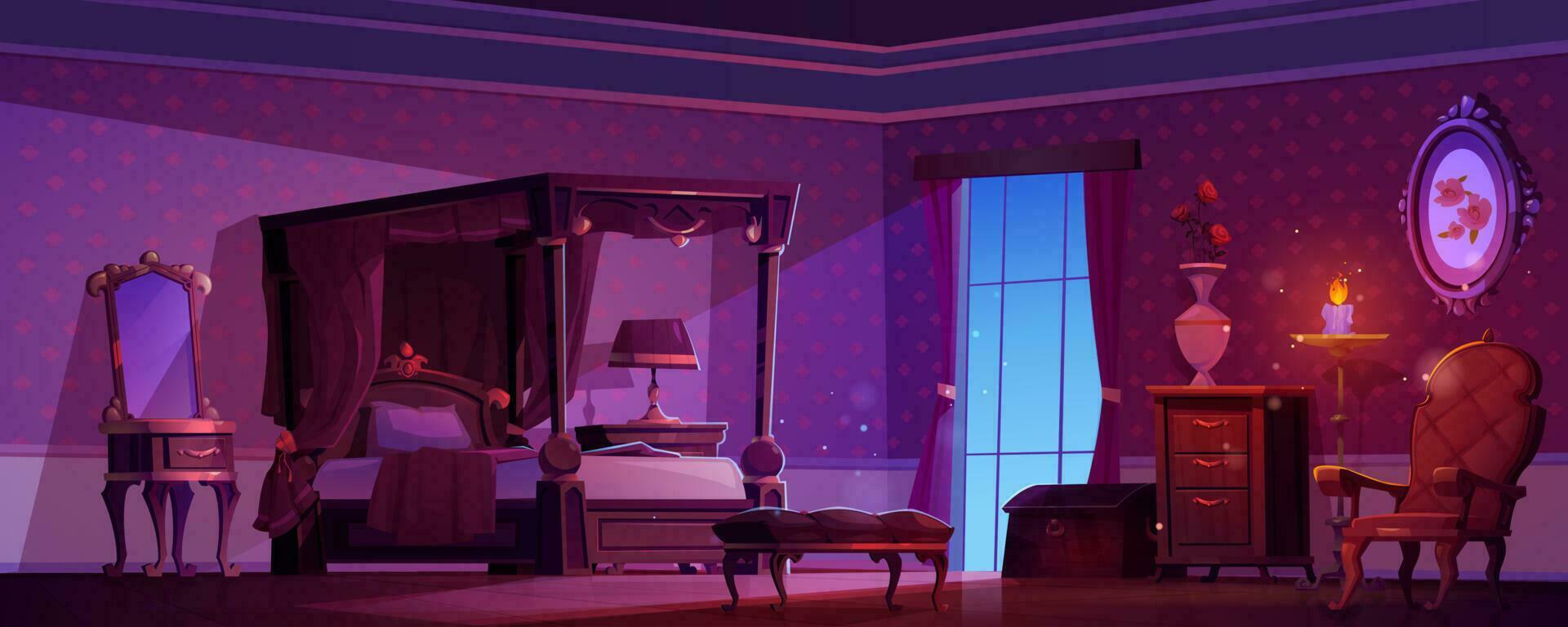 Victorian night bedroom interior, royal furniture vector