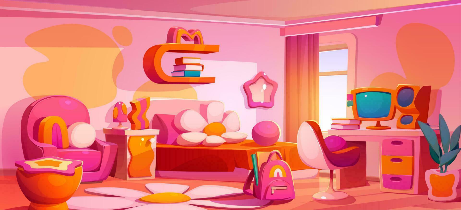 Girl bedroom interior in groovy style vector