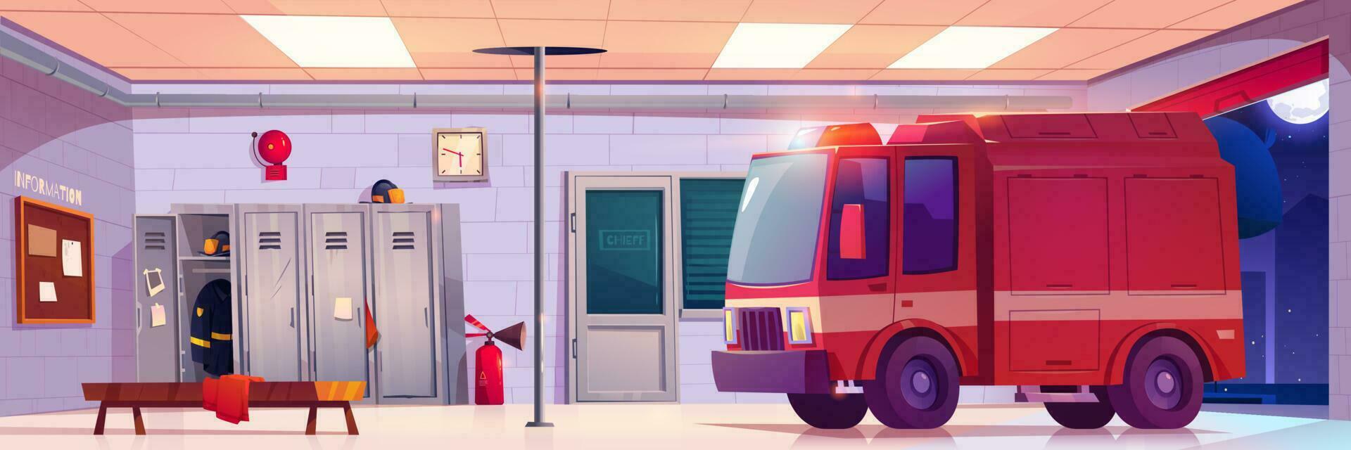 Fire station interior with emergency rescue truck vector