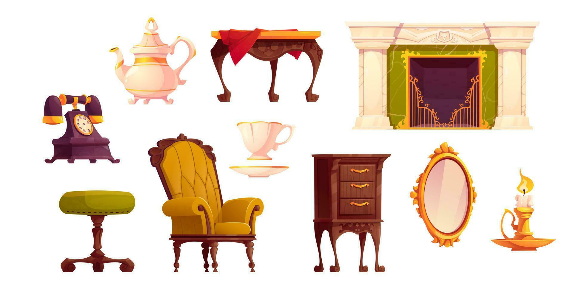 Victorian interior furniture set with fireplace vector