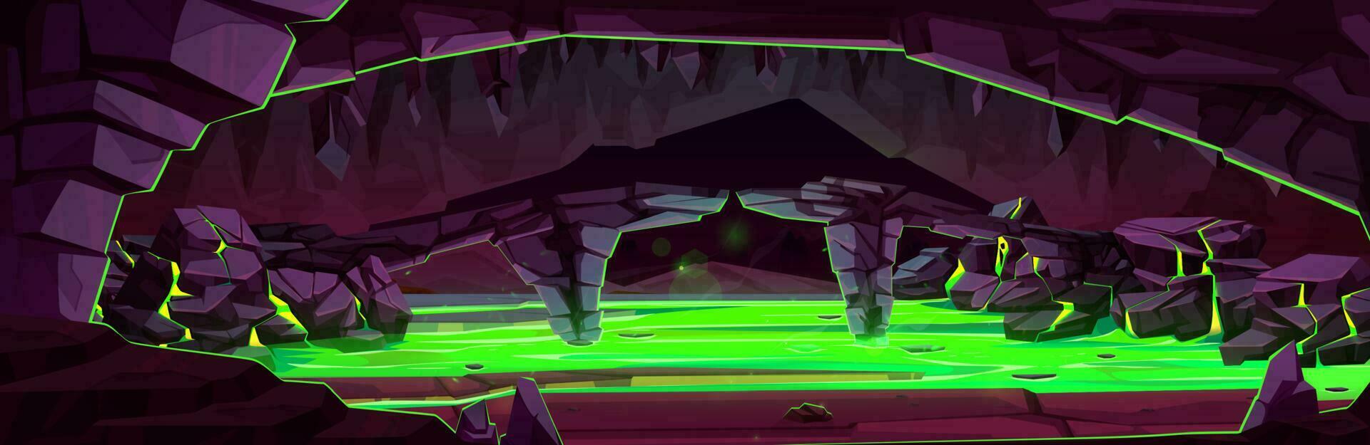 Game background of dark cave with toxic swamp vector