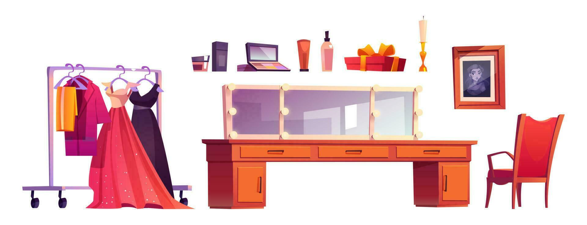 Makeup room with dressing table, mirror, dresses vector