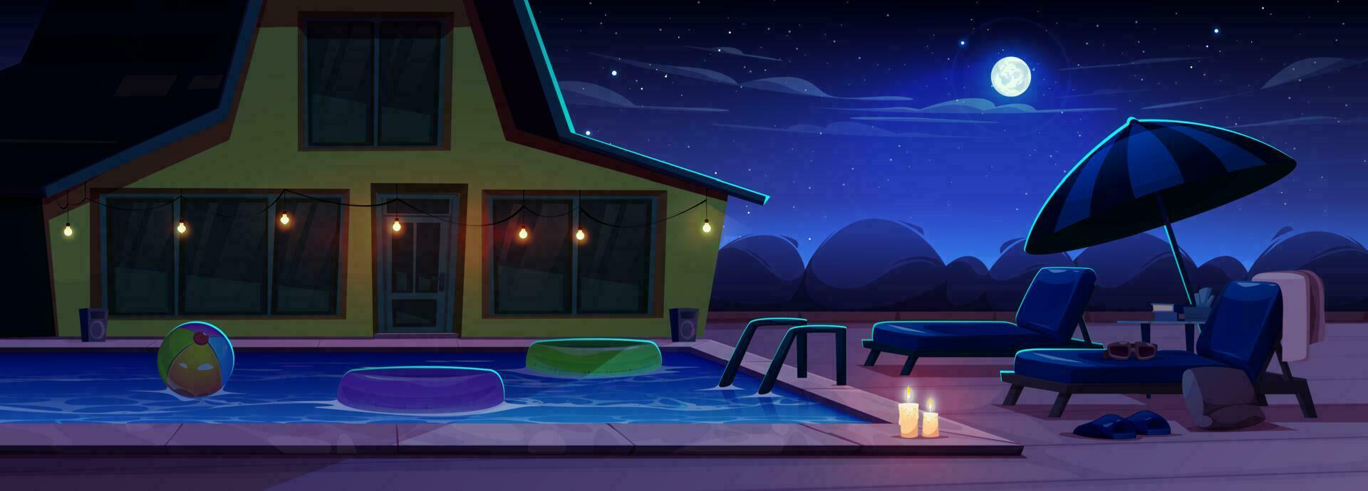 dibujos animados playa casa con nadando piscina a noche vector