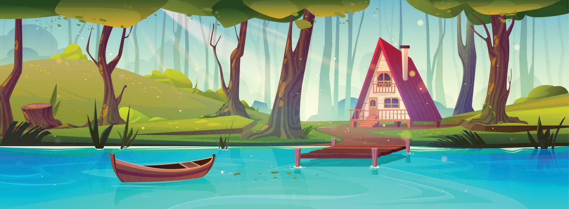 Cartoon cottage in forest near blue lake 24231999 Vector Art at Vecteezy