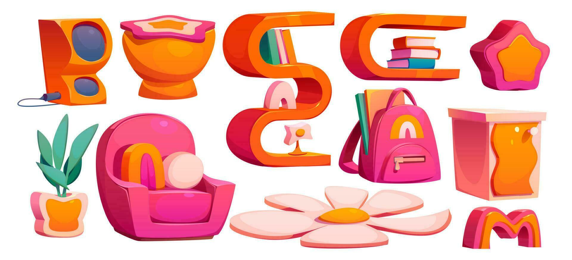 Pink y2k girl room furniture set and daisy flower vector