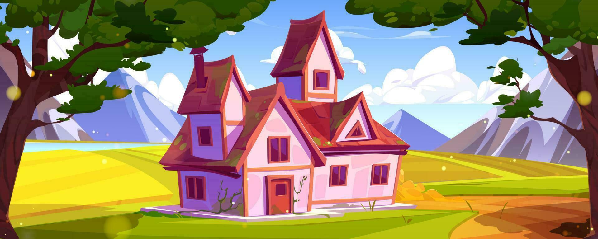 casa en bosque cerca montaña vector paisaje