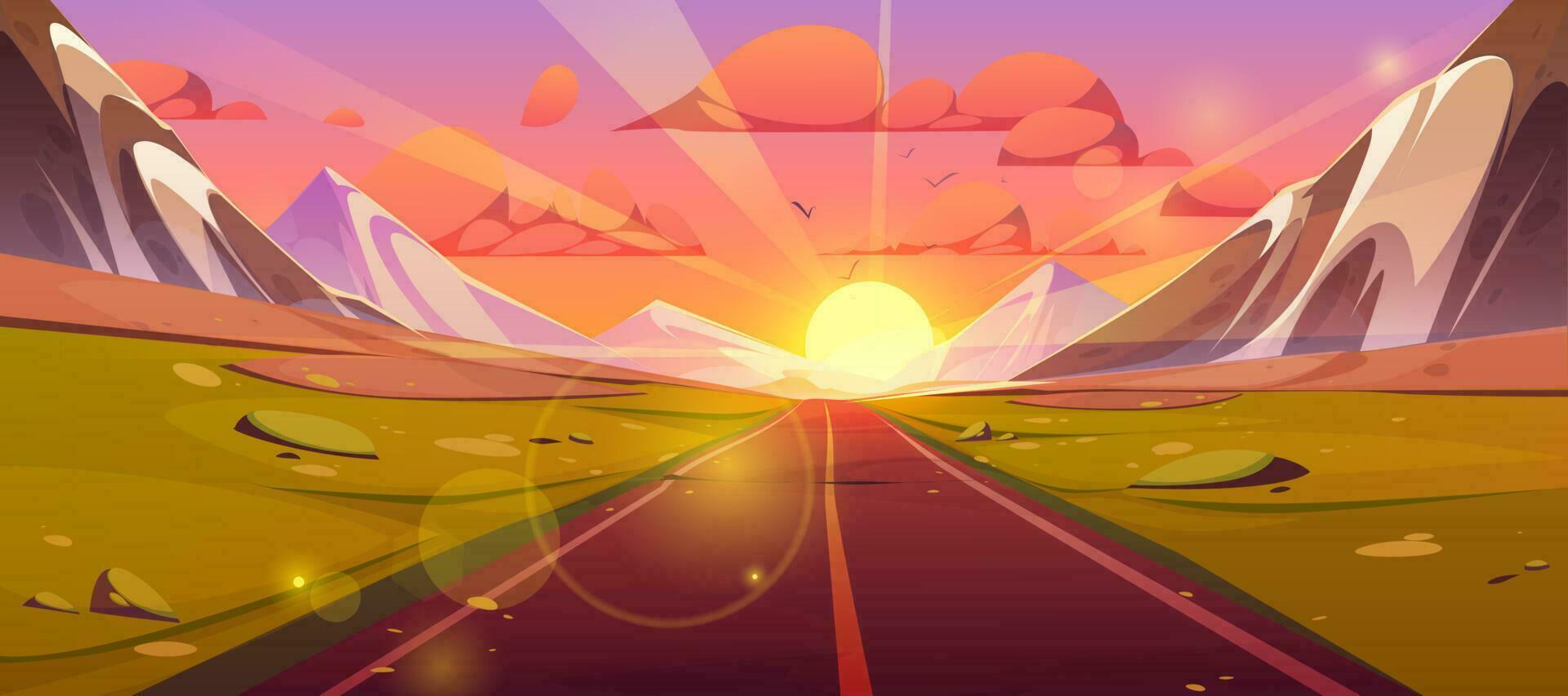 la carretera y montaña ver puesta de sol paisaje dibujos animados vector