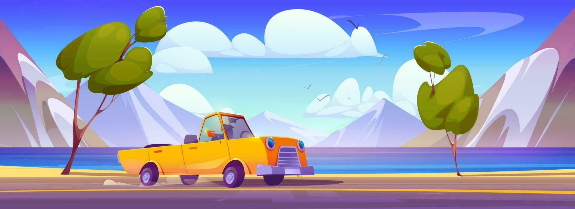 Cartoon yellow car riding mountain road vector