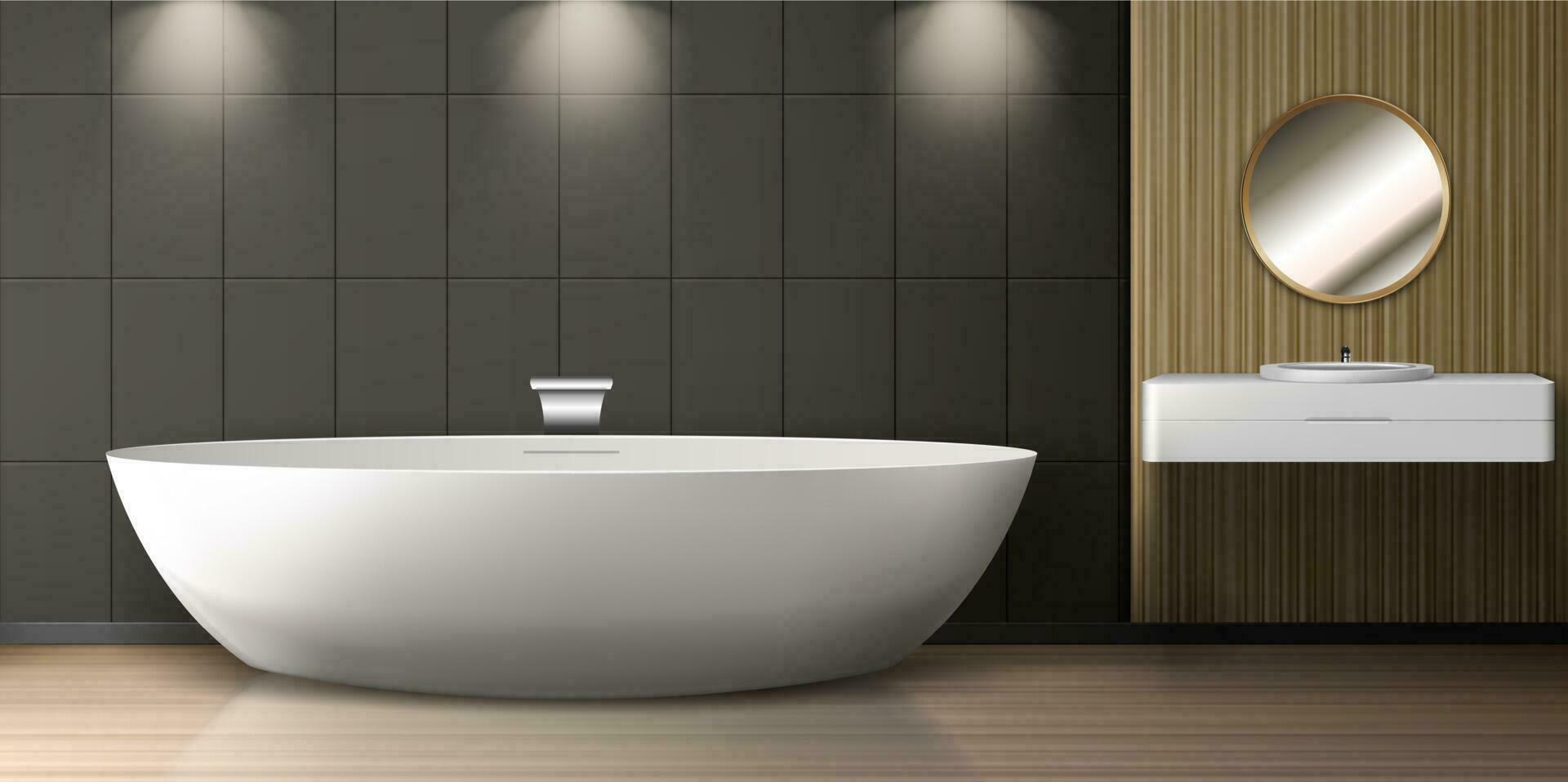 Bathroom interior with bath, sink and round mirror vector