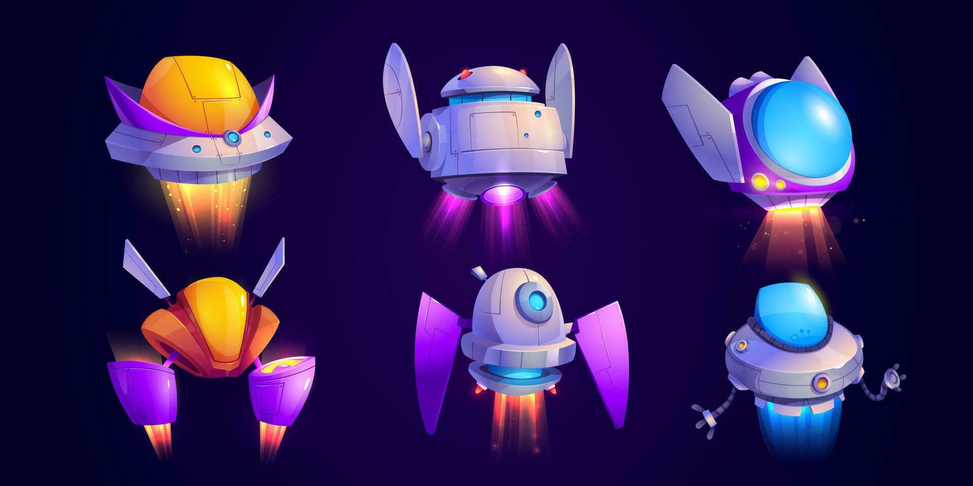 Alien space ship cartoon game vector icon set