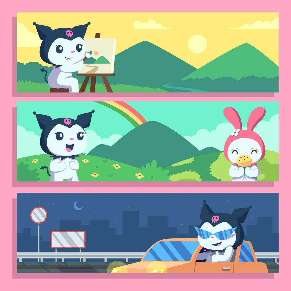 Cute Characters Doing Outdoor Activities Banner Set vector