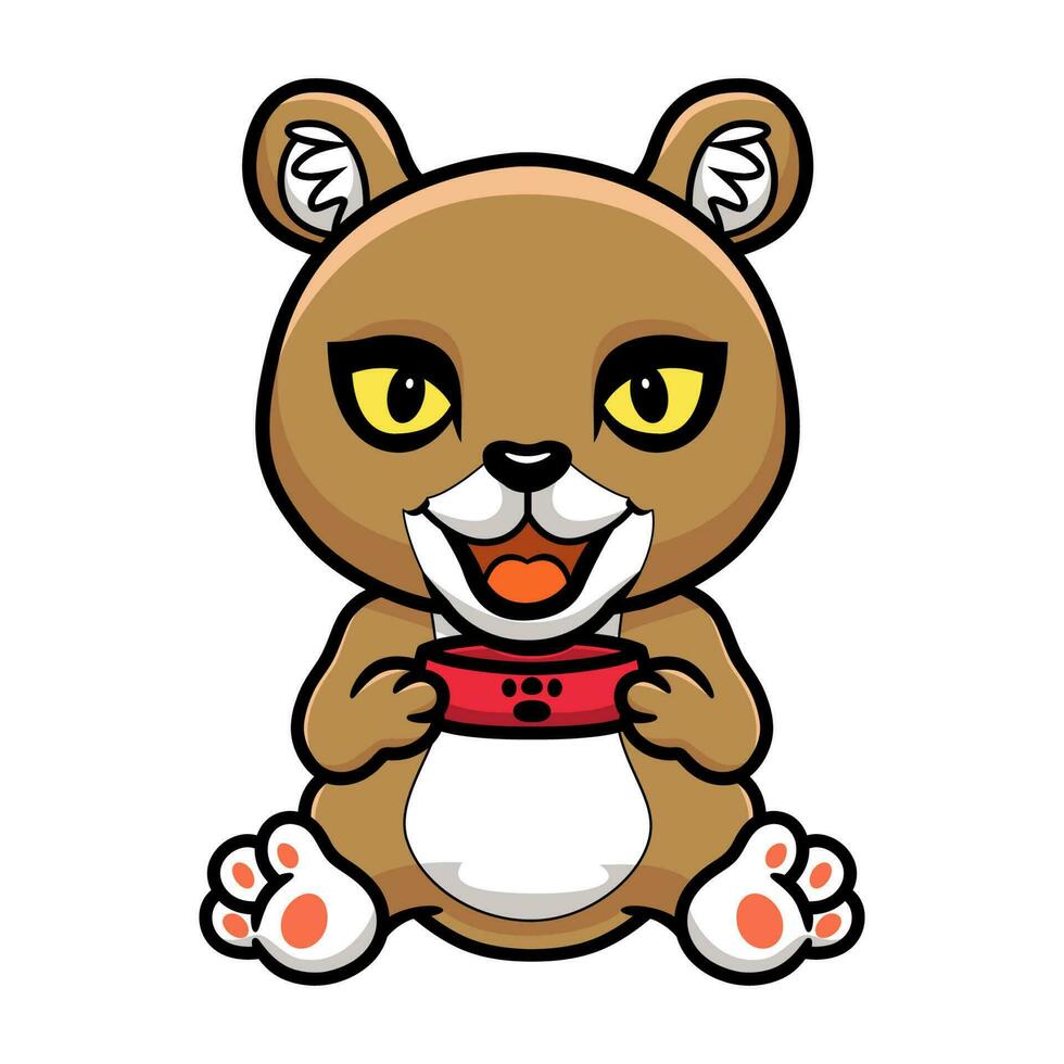 Cute little puma cougar cartoon holding food bowl vector