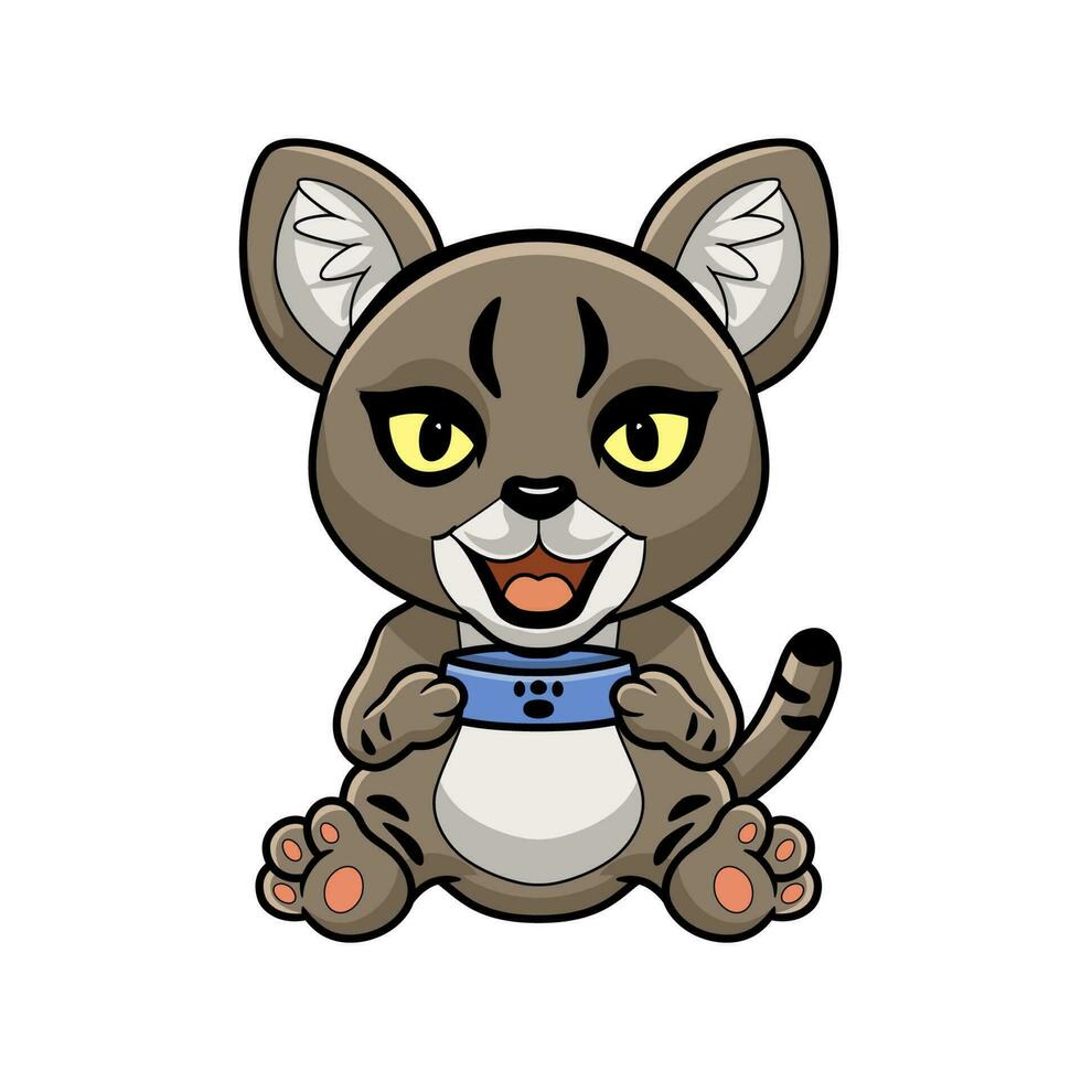 Cute little jungle cat cartoon holding food bowl vector