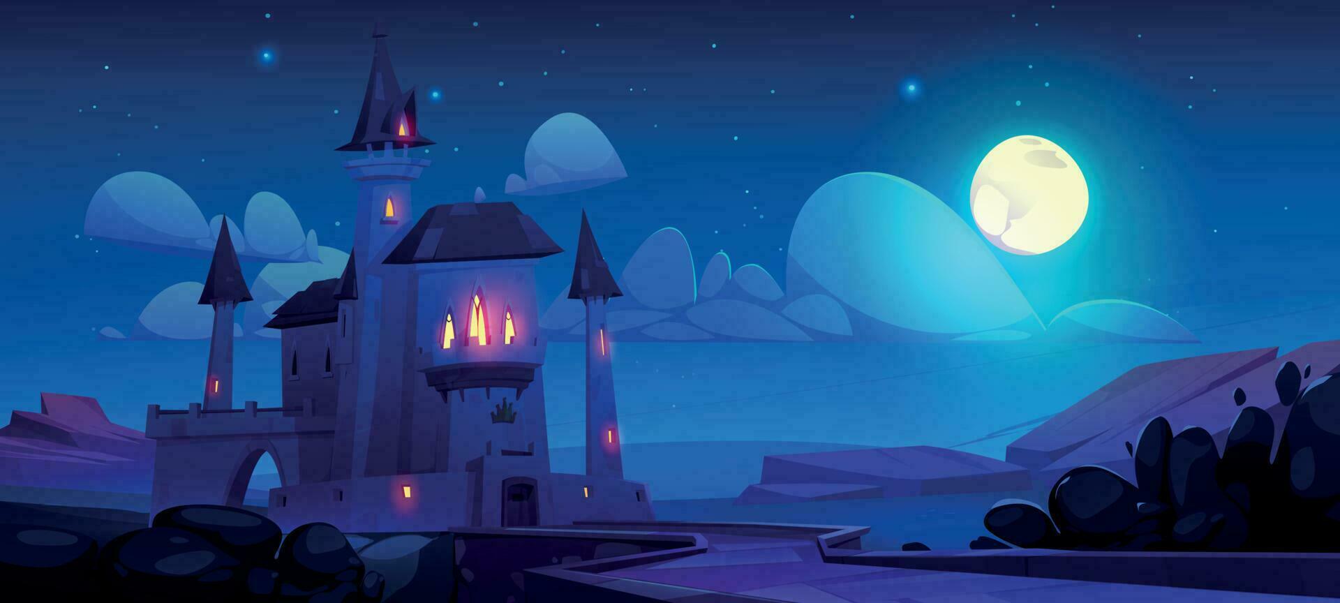 Fantasy landscape with castle at night vector