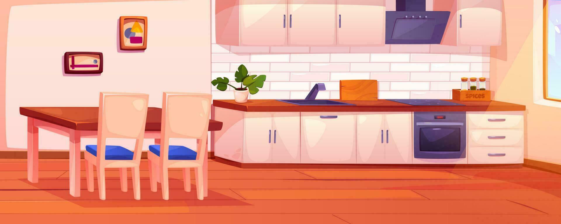 cocina y comida habitación interior con mesa, horno vector