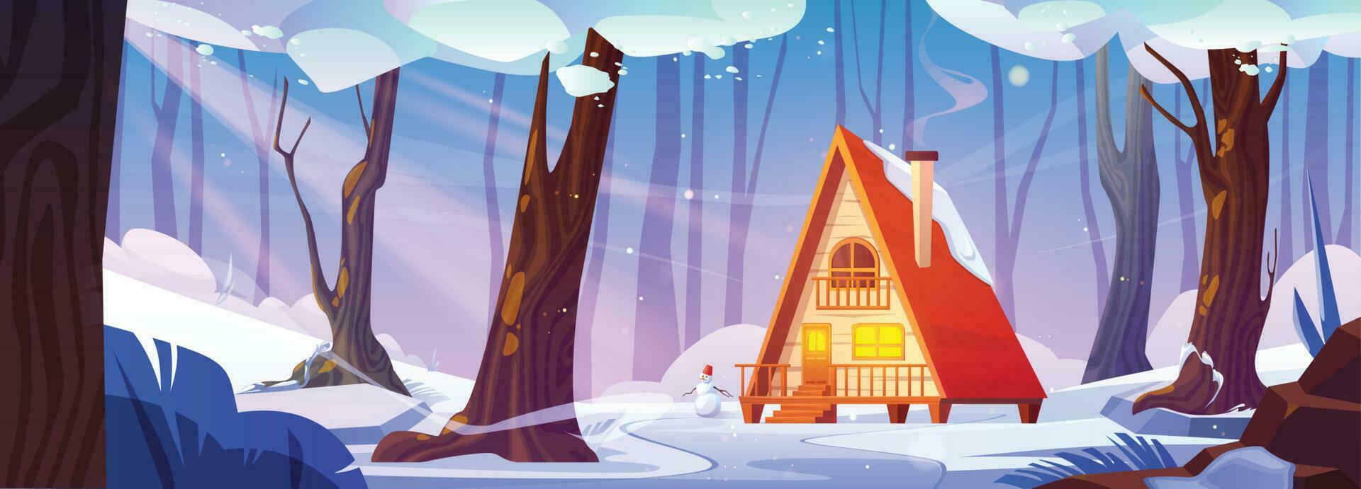 House and tree in winter forest cartoon background vector