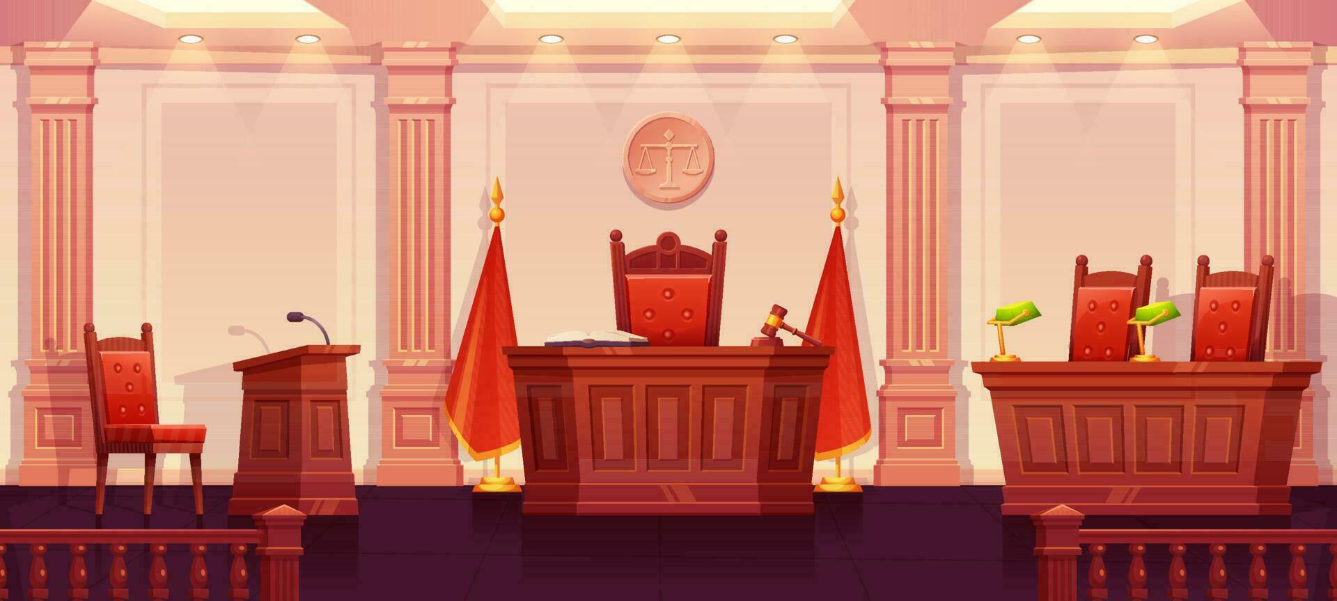 Courtroom interior background, trial justice room vector